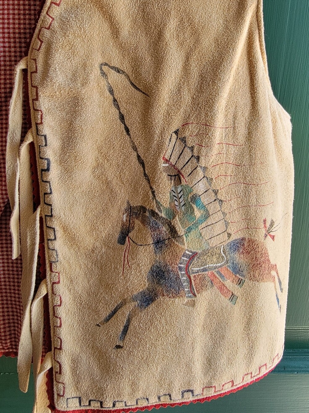 Vintage Native Motif Genuine Suede Vest in Tan with Red Gingham Lining Sz M - Picture 3 of 7